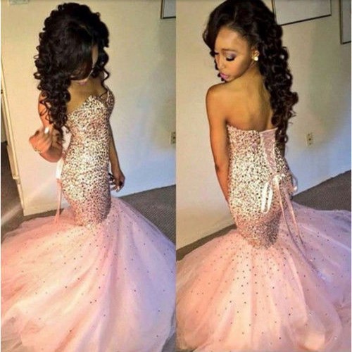 Honorable Sweetheart Mermaid Sweep Train Tulle Pink Prom Dress with Beaded
