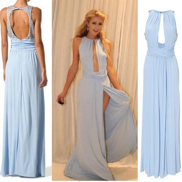 Long Chiffon Prom Dress - Jewl A-Line Blue Split Front with Beaded