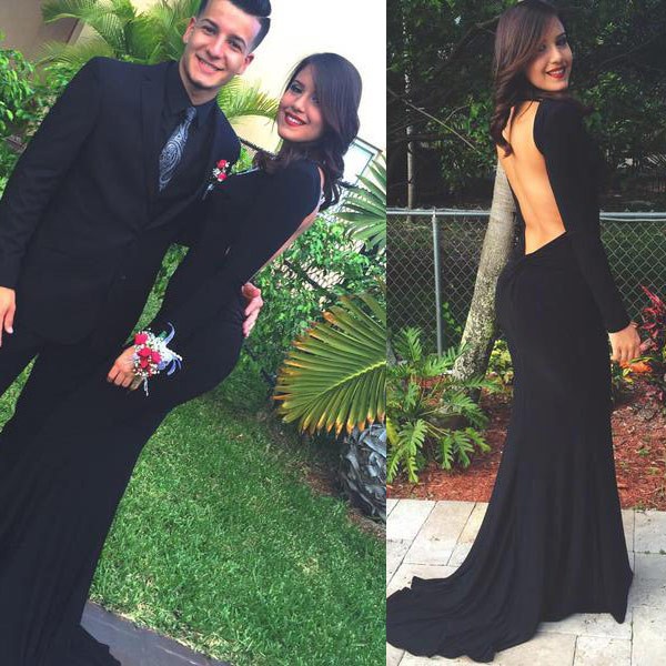 Hot-Selling Sweep Train Mermaid Chiffon Backless Prom Dress with Long Sleeves