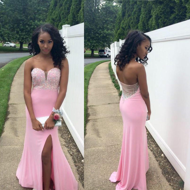 Floor Length Split Front Prom Dress ---Pink Sheath Sweetheart with Beaded