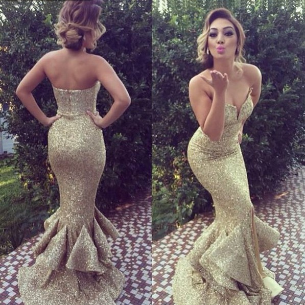 Mermaid Sweetheart Sweep Train Gold Sequined Prom Dress