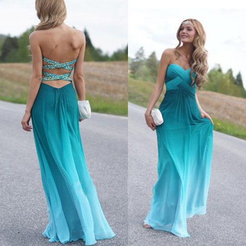 floor Length Chiffon Back Criss Cross Prom Dress --Blue Sweetheart with Beaded - Click Image to Close