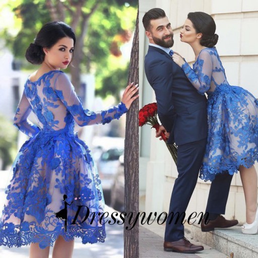 Knee Length Vintage Lace Tulle Prom/Homecoming Dress - Blue Ball Gown Scoop - Click Image to Close