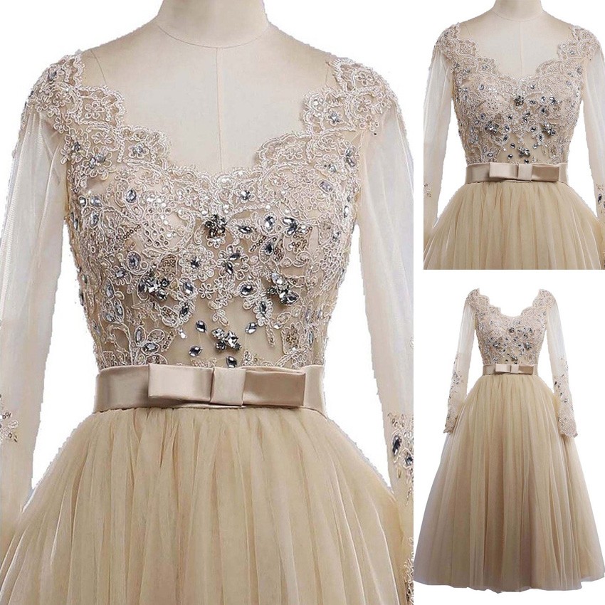 Tea-Length Bowknot Tulle Prom Dress - Champagne V-Neck with Appliques