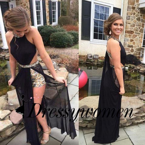 Long Chiffon Prom Dress - Black Halter with Beaded - Click Image to Close