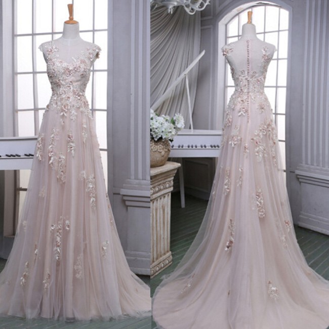 Elegant Prom Dress -Champagne A-Line V-Neck Dress with Flowers