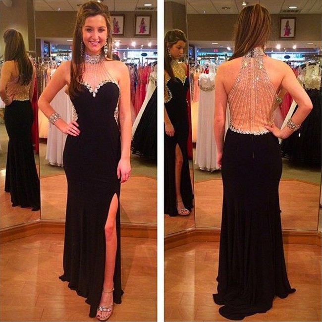 Luxurious Prom Dress -Black Mermaid High-neck Dress with Beaded