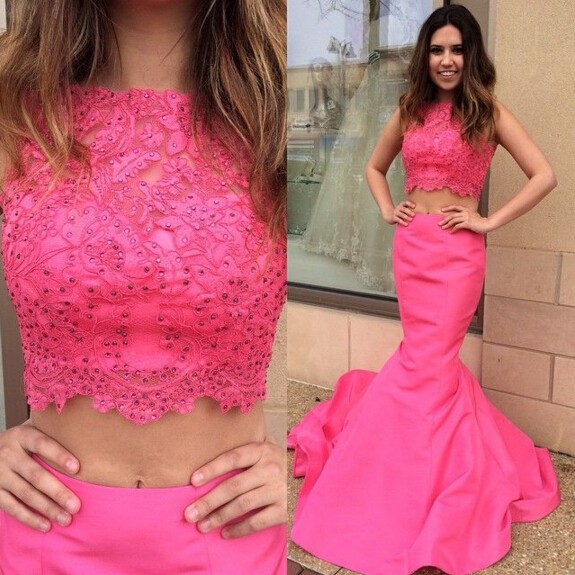 Elegant Two Piece Prom Dress - Rose Red Mermaid Cowl with Beaded