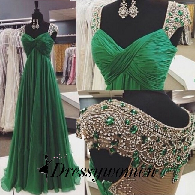 Gorgeous Prom Dress -Green A-Line Sweetheart Cap Sleeves with Beading