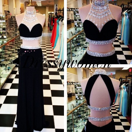 Sexy Twp Piece Prom Dress - Black High Neck with Beading