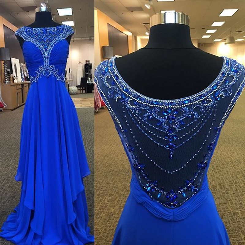 High Quality Long Prom Dress - Royal Blue A-Line with Rhinestone