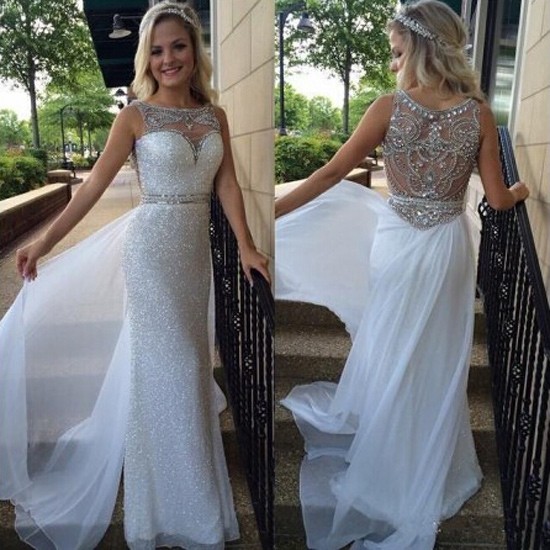 Elegant Princess Long Prom Dress - White Sequins Scoop Beaded for Women