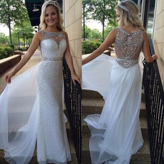 Elegant Princess Long Prom Dress - White Sequins Scoop Beaded for Women - Click Image to Close