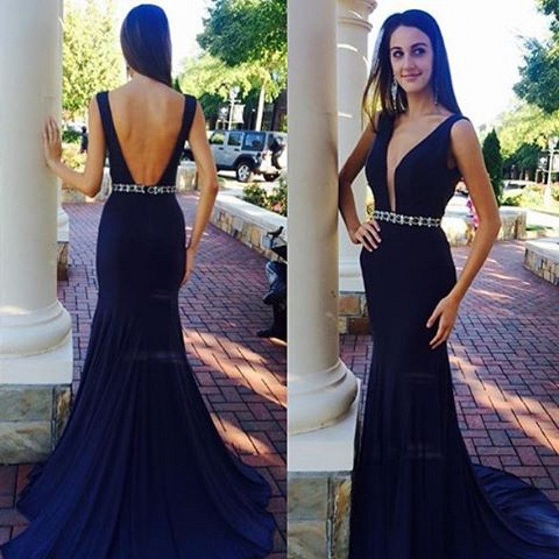 Mermaid Style Deep V-Neck Navy Blue Backless Prom Dress with Beading