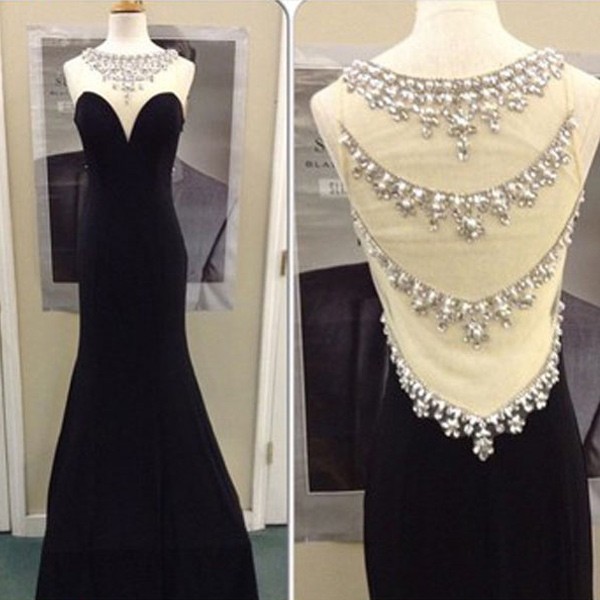 Elegant Long Prom Dresses - Black Sheath Scoop with Rhinestone