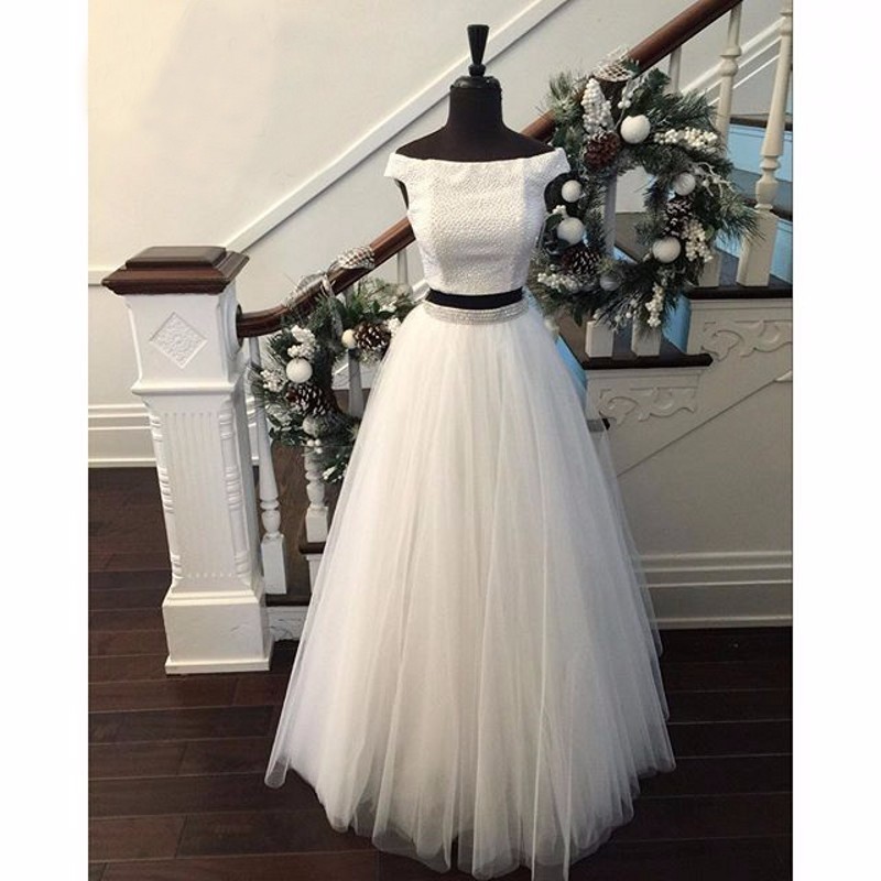 New Arrival Two Piece Prom Dress - Off-the-Shoulder Tulle with Beaded