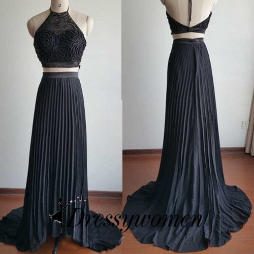 Sexy Two Piece Prom Dress - Black Halter with Beaded - Click Image to Close