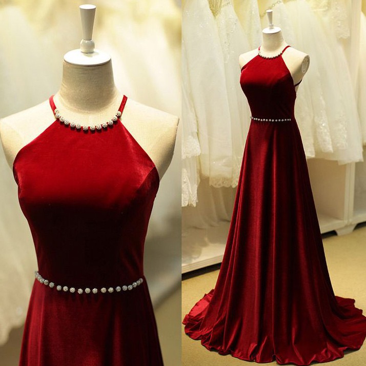 Elegant Prom Dress -Red A-Line Halter Backless with Pearl
