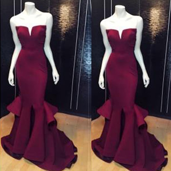 Sexy Prom Dress -Maroon Mermaid V-Neck Sleeveless with Ruched