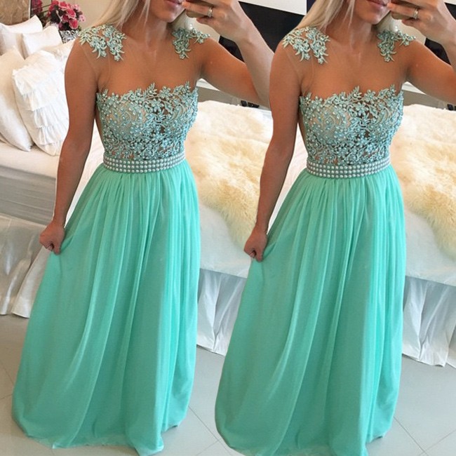 Gorgeous Prom Dress -Mint A-Line V-Neck Sleeveless with Apliques Rhinestones