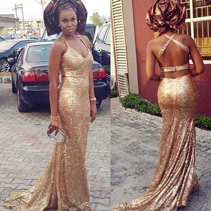 Sexy Prom Dress -Gold Mermaid V-Neck Sleeveless with Sequins