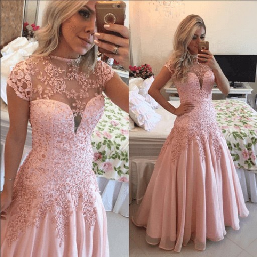 Charming Floor Length Princess Prom Dress - Pear Pink Crew Cap Sleeve with Appliques - Click Image to Close