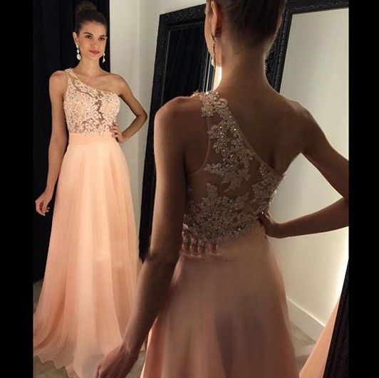 Charming Floor Length Prom Dress - Pink One Shoulder A-Line with Appliques - Click Image to Close