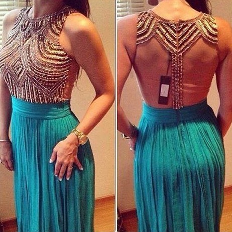 Elegant Long Prom Dress - Blue Scoop A-Line with Beaded - Click Image to Close