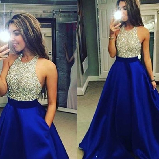 New Arrival Silver Sparkly Top and Royal Blue Bottom O-Neck Prom Dress for Party - Click Image to Close
