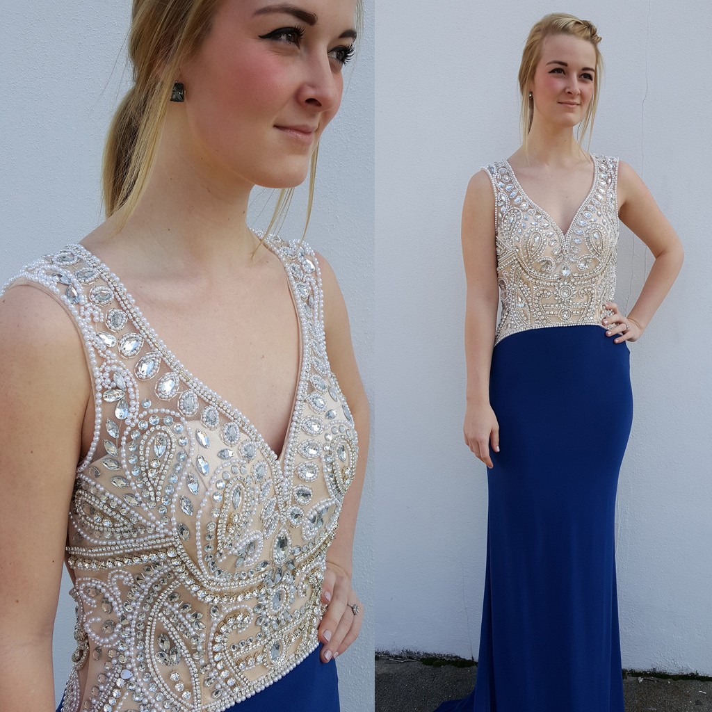 Sexy Long Prom Dress - Royal Blue V-Neck Backless with Rhinestone