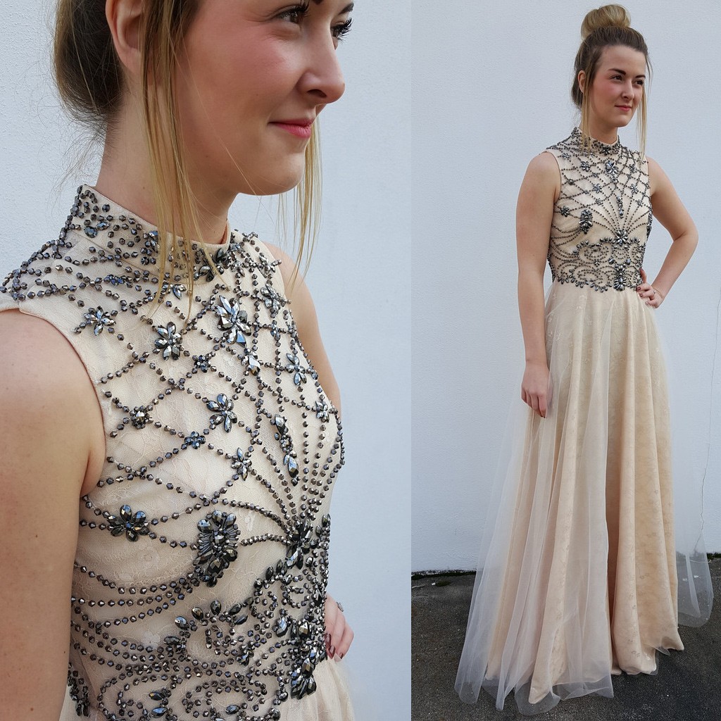 Charming Floor Length Prom Dress - Light Champagne High Neck with Beaded