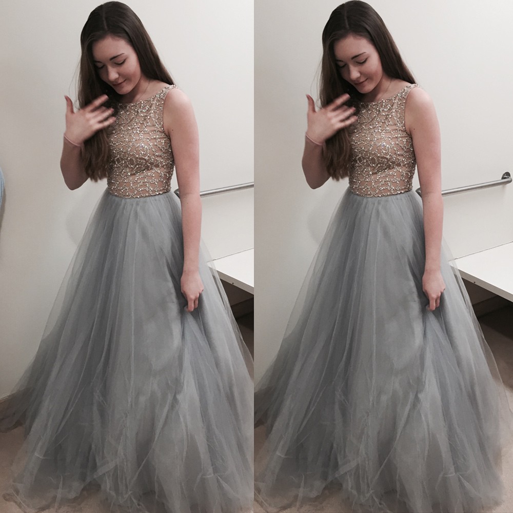 Elegant Long Prom Dress - Light Grey Ball Gown Crew with Beaded