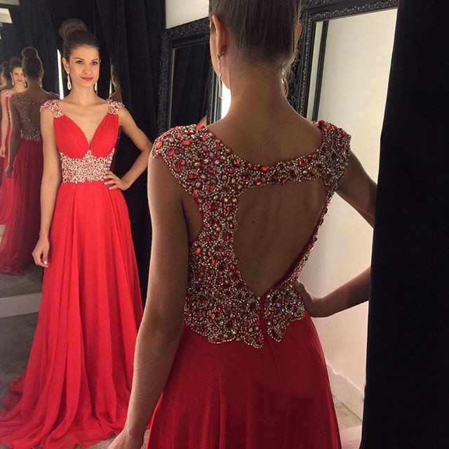 Unique Floor Length Prom Dress - Red V-Neck Backless Waist with Rhinestone