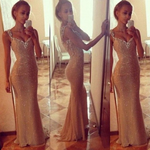 Charming Long Prom Dress - Sheath Straps with Beaded for Prom - Click Image to Close