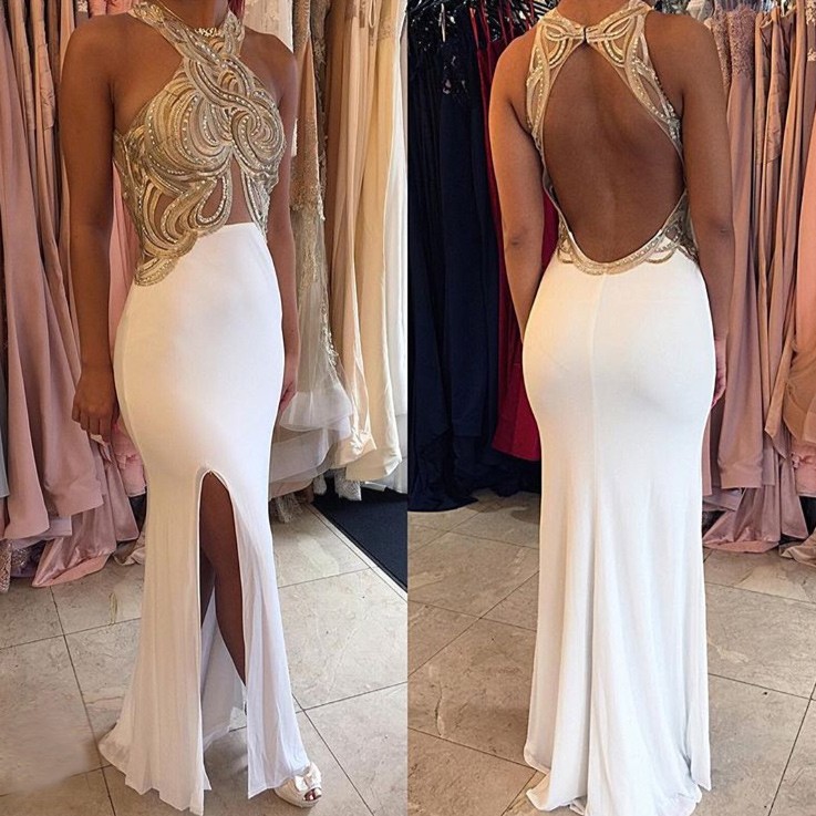 Sexy Halter Gold Appliques White Chiffon Prom Party Dress with Split Side