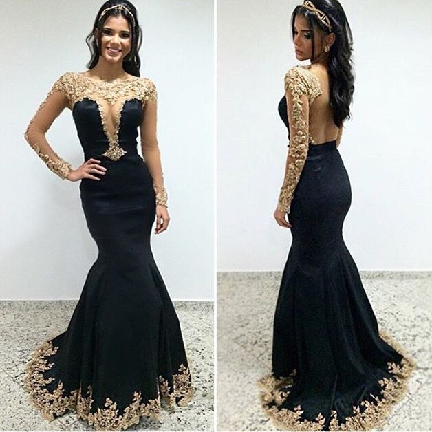 Charming Mermaid Prom Party Dress - Black Scoop Long Sleeves with Appliques