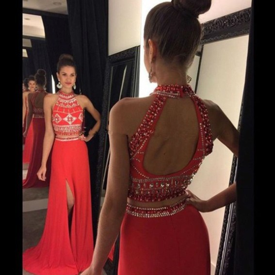 Elegant High Neck Beading Split Red Long Two-pieces Prom Dresses