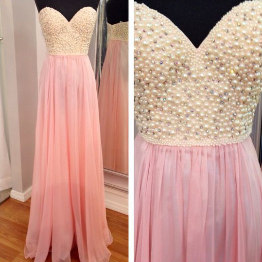 Elegant Sweetheart A-line Floor-length Pink Prom Dress With Pearls