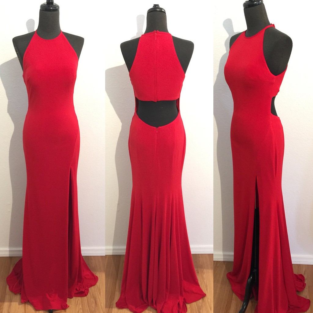 Elegant O-neck Red Long Open Back Mermaid Prom Dress Evening Gown