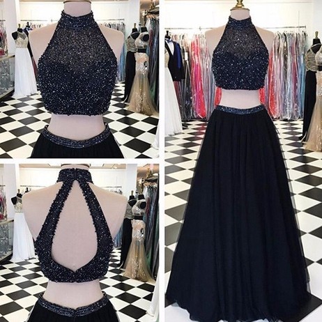 Modern High Neck Two-pieces Prom Dress-Black A-line with Beading - Click Image to Close