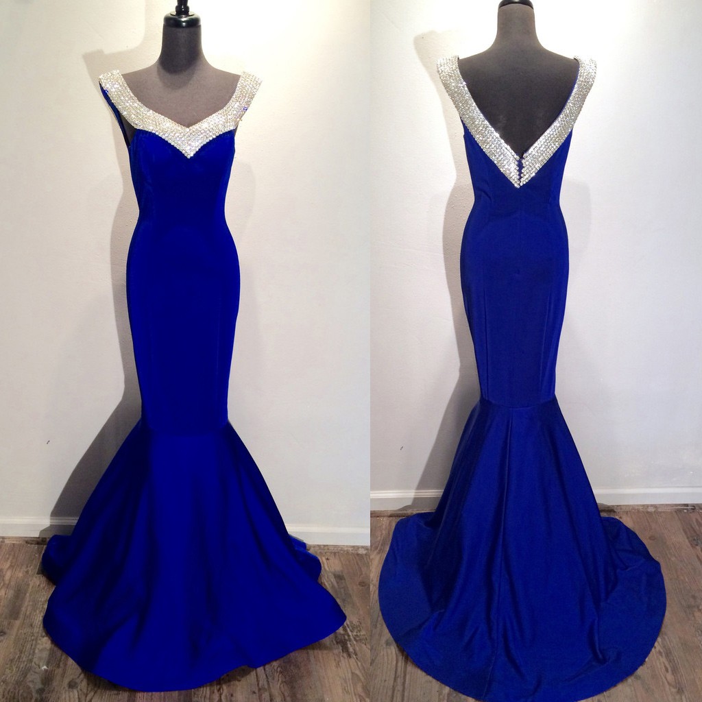 Elegant V-neck Beading Royal Blue Long Mermaid Prom Dress Formal Evening Gown