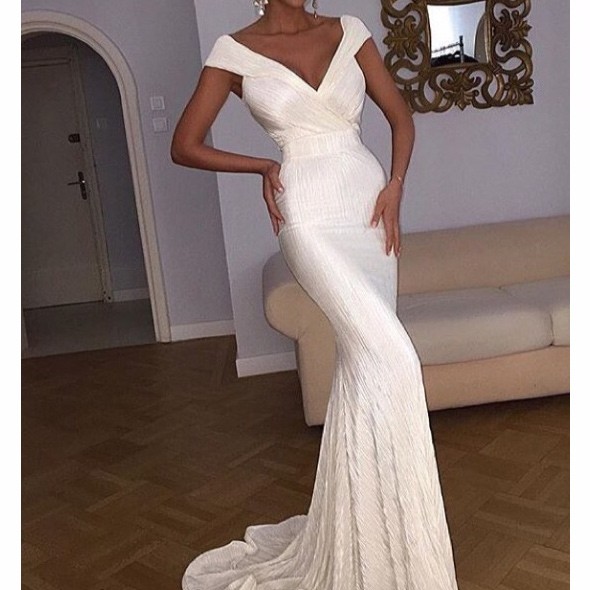 Elegant V-neck Cap Sleeves Long White Mermaid Prom Dress Sweep Train