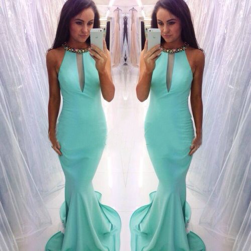 Elegant O-neck With Beading Long Mint Green Mermaid Prom Dress - Click Image to Close