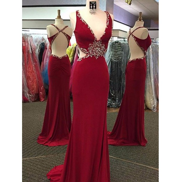 Modern V-neck Beading Criss Cross Straps Long Red Mermiad Prom Dress