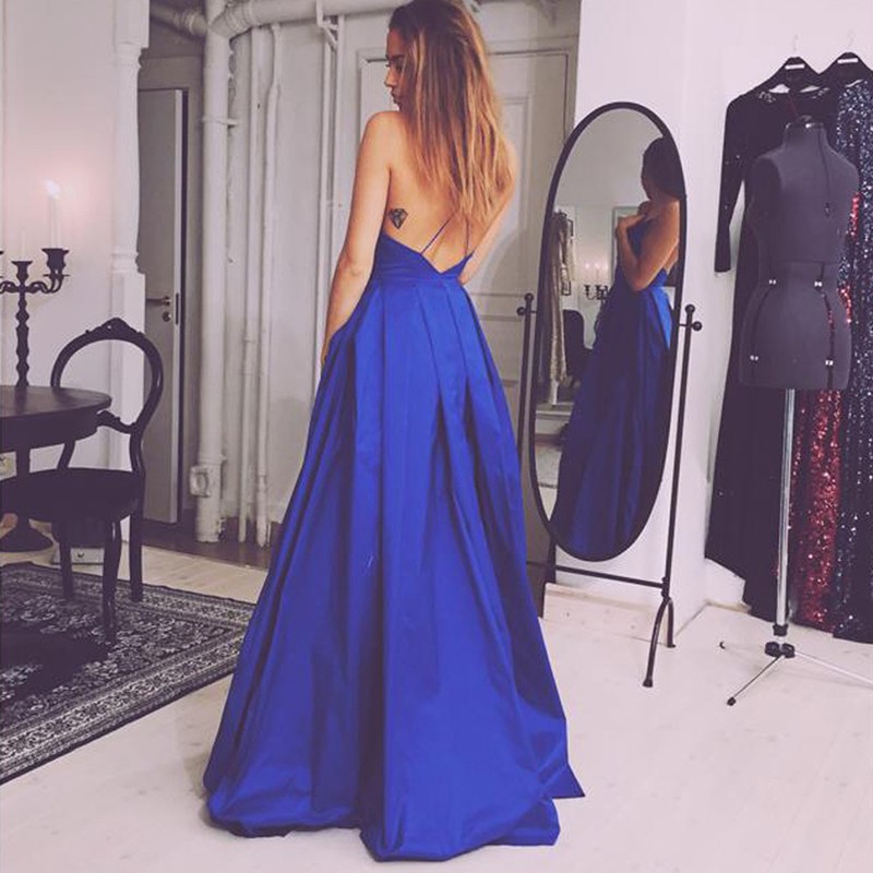 A-Line V-Neck Floor-Length Royal Blue Satin Prom Dress with Pockets