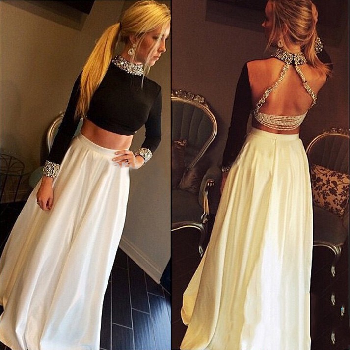 Fashion High Neck Long Sleeves Two Pieces Prom Dress Party Gown