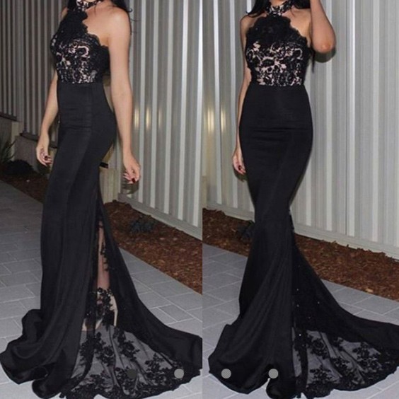 Elegant Halter Appliques Black Mermaid Long Prom Dress