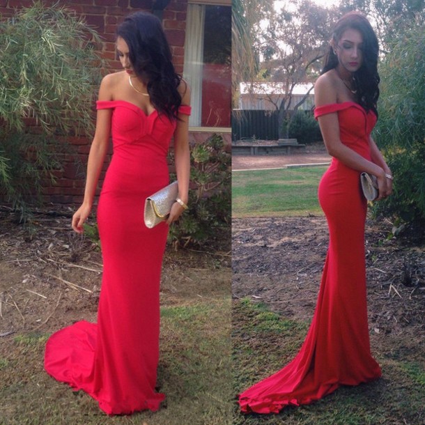 Sexy Red V Neck Mermaid Off the Shoulder Prom Party Gown