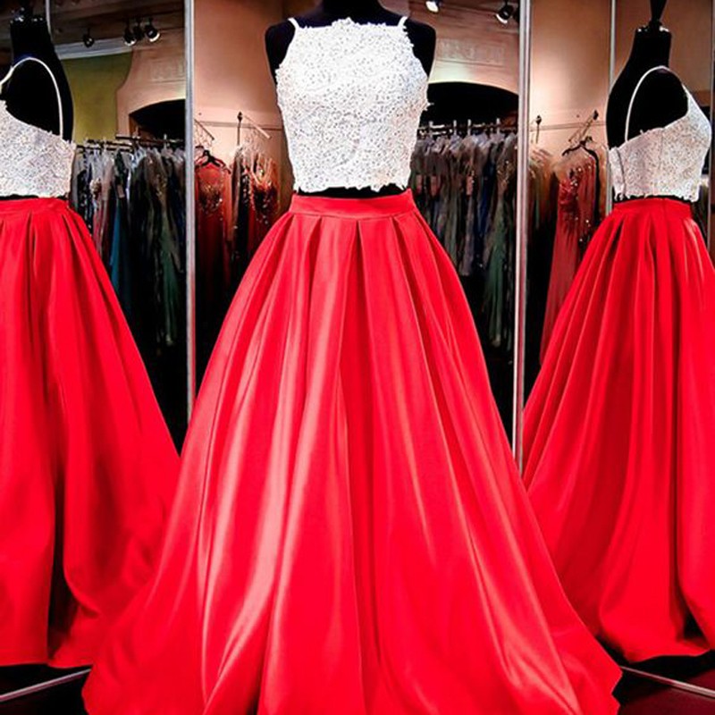 Two Piece Square Floor-Length Red Satin Prom Dress with Appliques