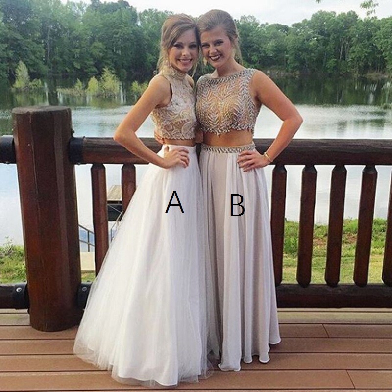 Two Piece High Neck Floor-Length White Tulle Prom Dress with Lace